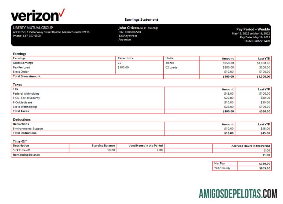 Recibo de pagamento da empresa de telecomunicações Verizon dos EUA exemplo real
